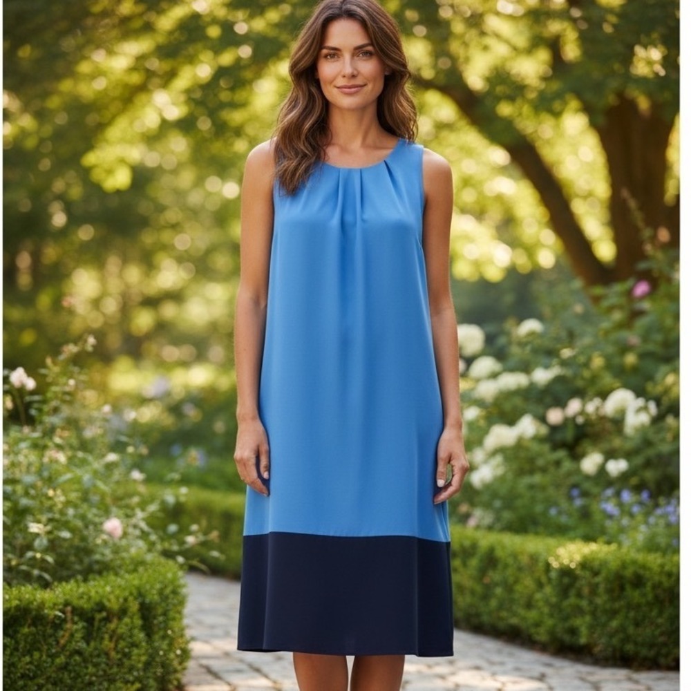 Jude Connally NEW Pamela Peri Navy Colorblock‎ Pleated Shift Dress Coastal XS